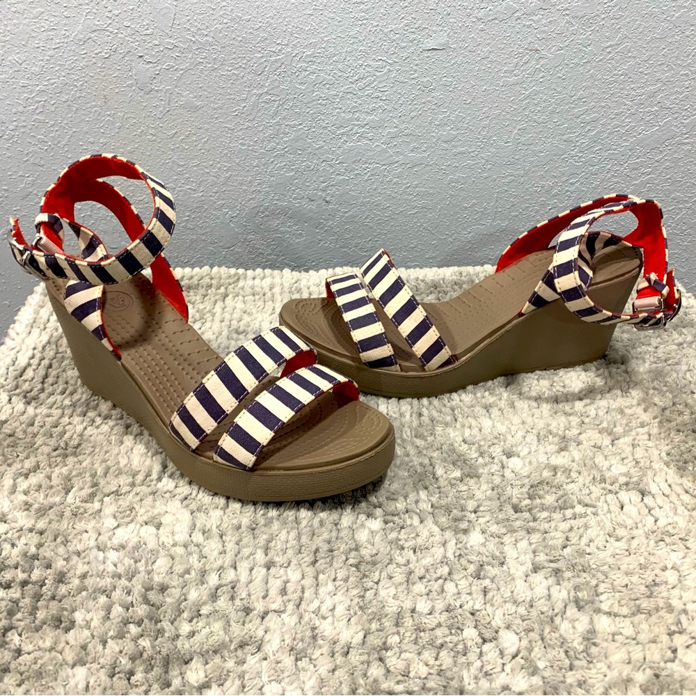 Crocs Strappy Striped Comfort Wedges, Sz 9